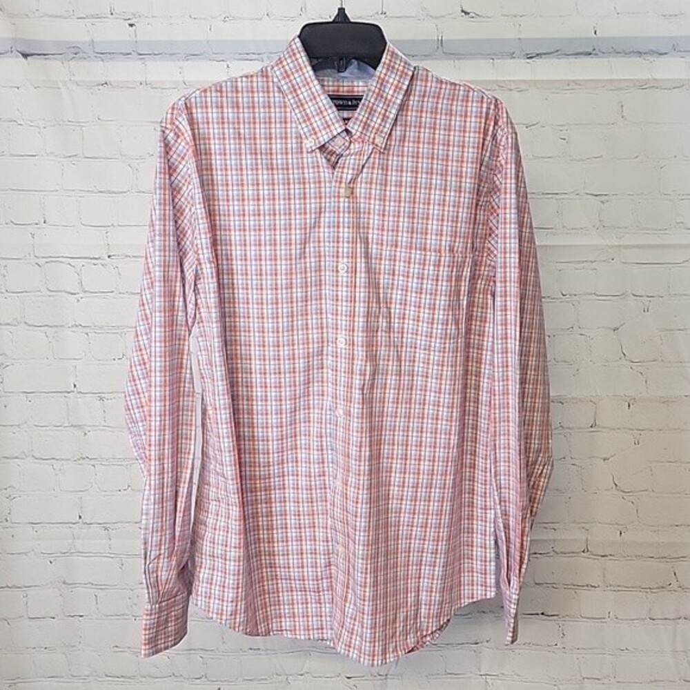 Crown & Ivy Men's Sz M Button Down Shirt Slim Fit Peach Blue White Career Preppy